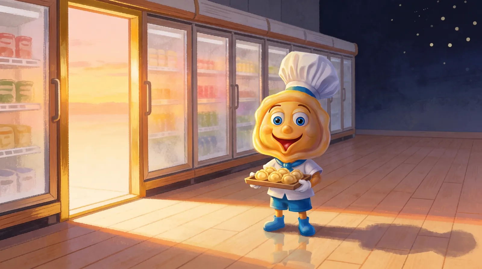 Painted scene: the Fastik chef mascot in a grocery freezer aisle at sunrise, holding a tray of dumplings