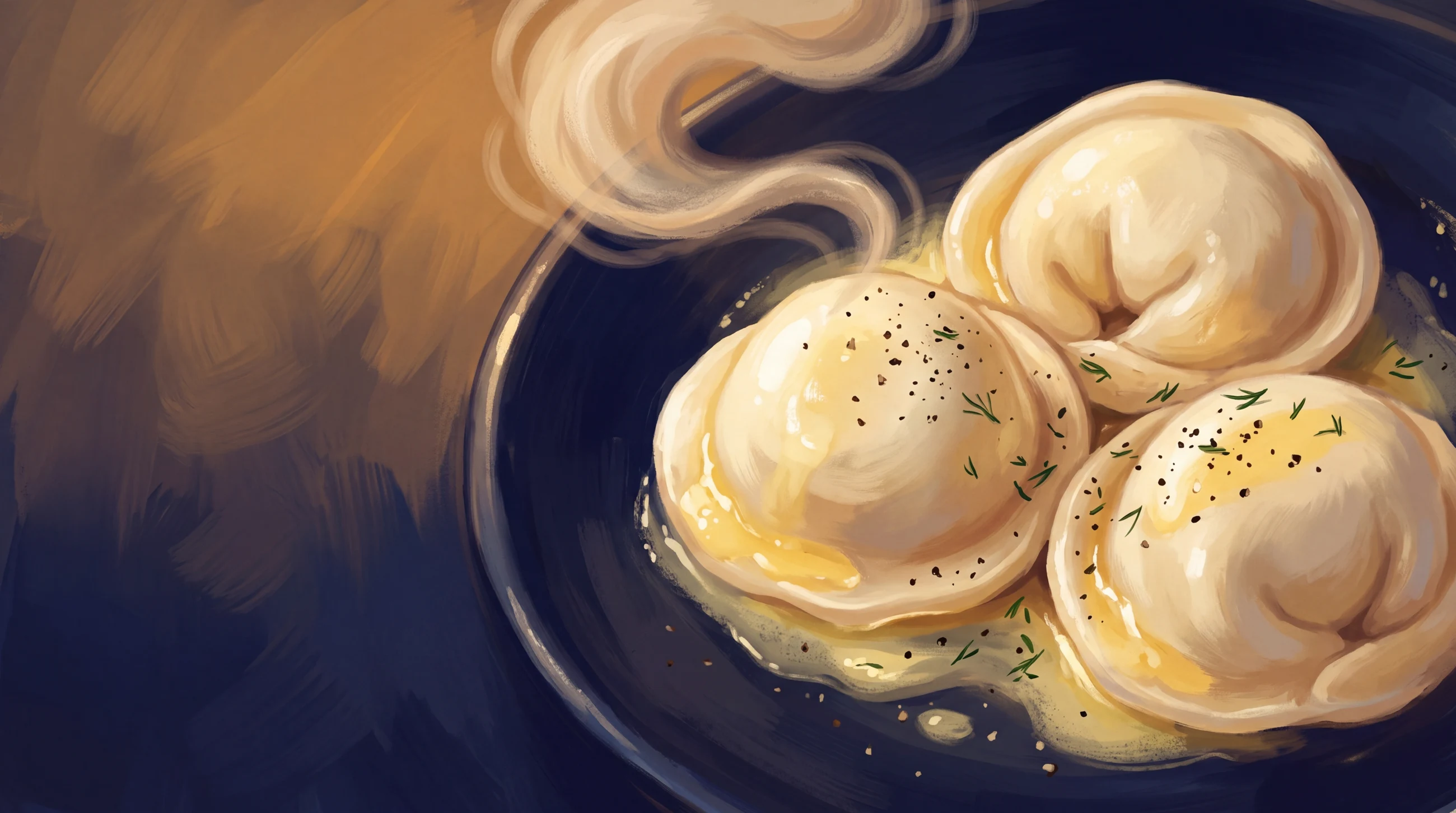 Cooked pelmeni in butter, painted