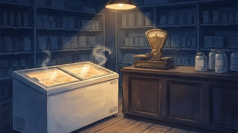 Painted scene: the glowing chest freezer beside the deli counter of a small market