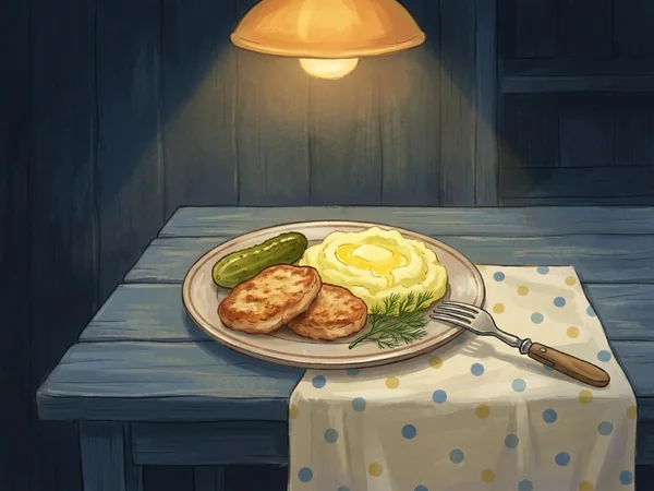 Painted scene: a supper plate of cutlets, mashed potatoes and a pickle