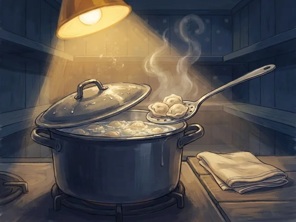 Painted scene: a slotted spoon lifting dumplings from a boiling pot
