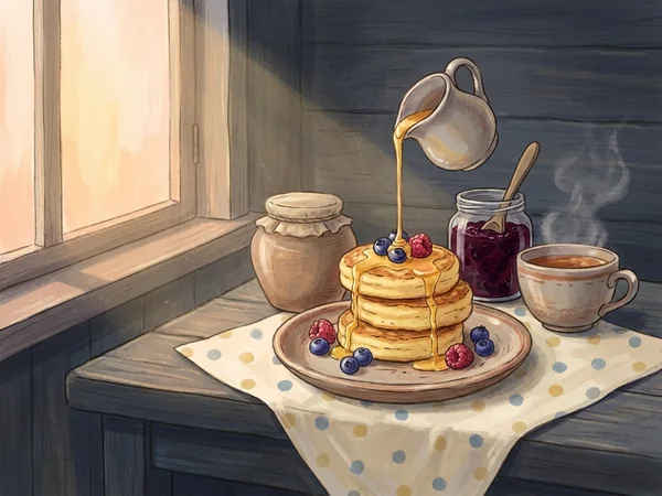 Painted scene: a breakfast stack of cheese pancakes with jam and honey