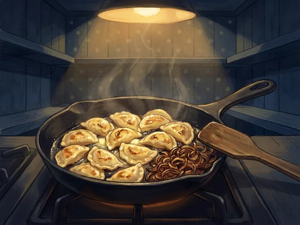 Painted scene: pierogies frying golden in a skillet with onions