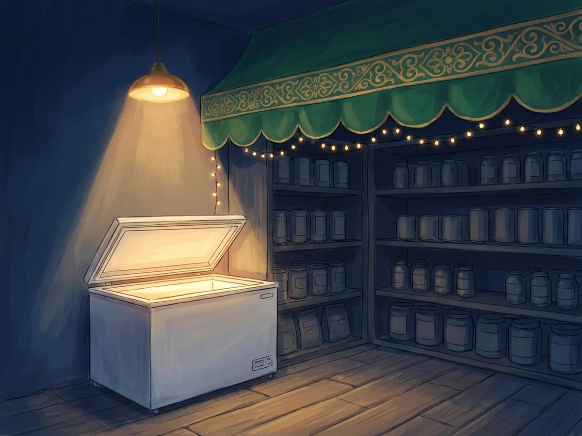 Painted scene: a chest freezer under a green-and-gold awning in a small grocery