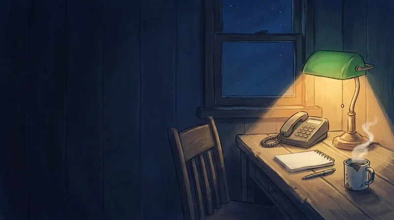 Painted scene: a desk under a lamp at night, the phone waiting