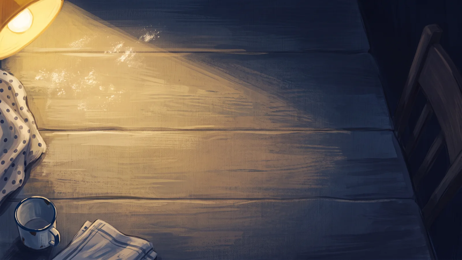 Painted scene: the family kitchen table at half past four, lamplight across the bare planks
